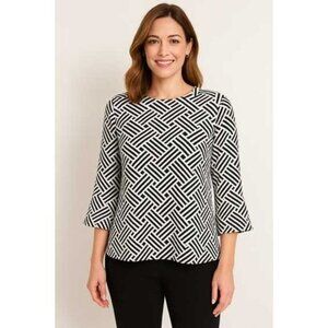 W5‎ Black and White Patterned Top Anthropologie 3/4 Sleeves Sz M NWT Zip